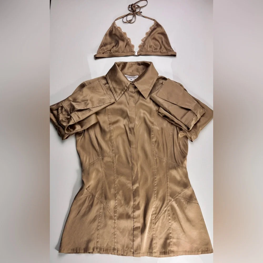Kaufmanfranco Tan Stretch Silk Button Down Collared Blouse w/ Lace Bralette Sz 8 - Picture 10 of 11